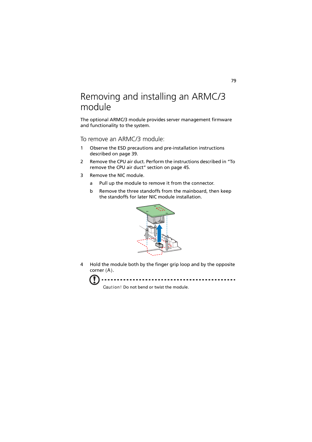 Acer Altos R520 manual Removing and installing an ARMC/3 module, To remove an ARMC/3 module 