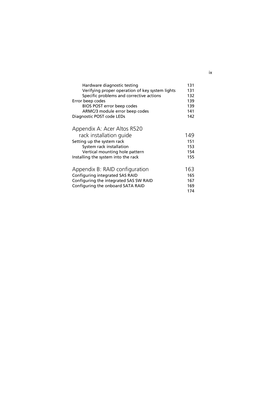 Acer manual Appendix a Acer Altos R520 Rack installation guide 149, Appendix B RAID configuration 163 