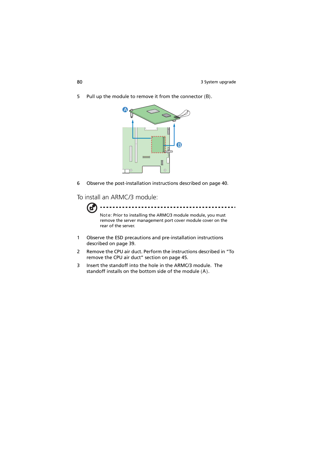 Acer Altos R520 manual To install an ARMC/3 module 