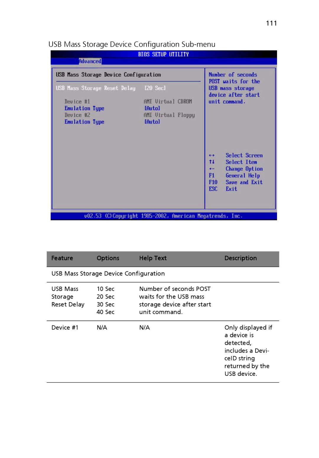 Acer Altos R710 manual USB Mass Storage Device Configuration Sub-menu, 111 