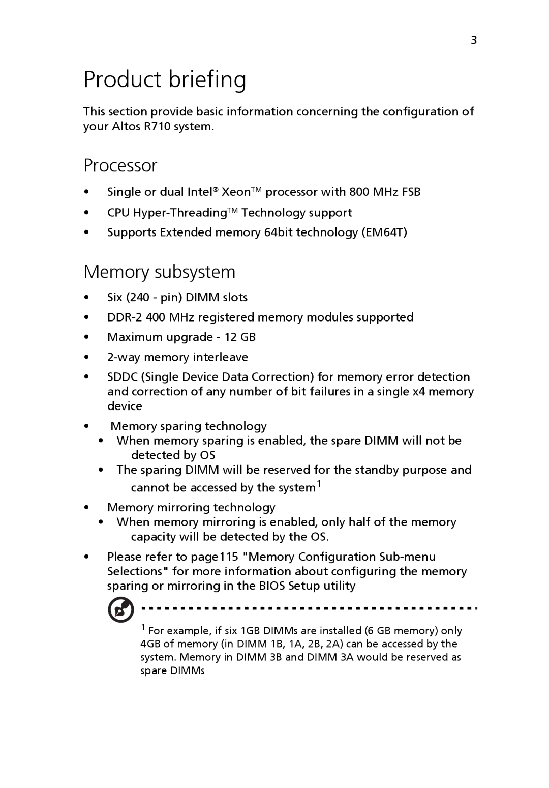 Acer Altos R710 manual Product briefing, Processor, Memory subsystem 