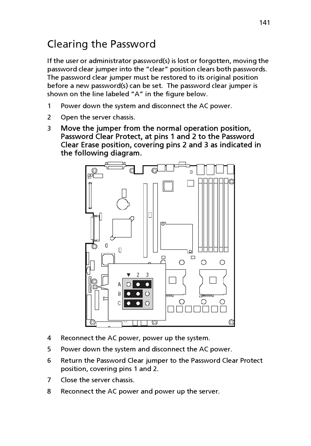 Acer Altos R710 manual Clearing the Password, 141 