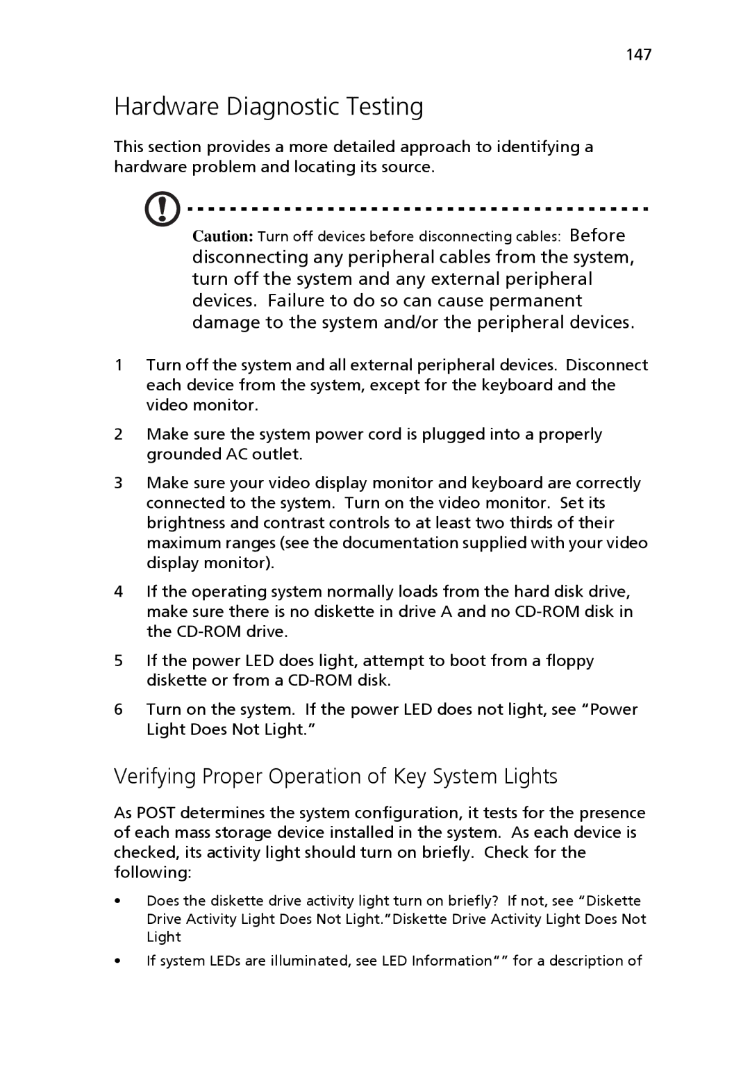 Acer Altos R710 manual Hardware Diagnostic Testing, Verifying Proper Operation of Key System Lights 