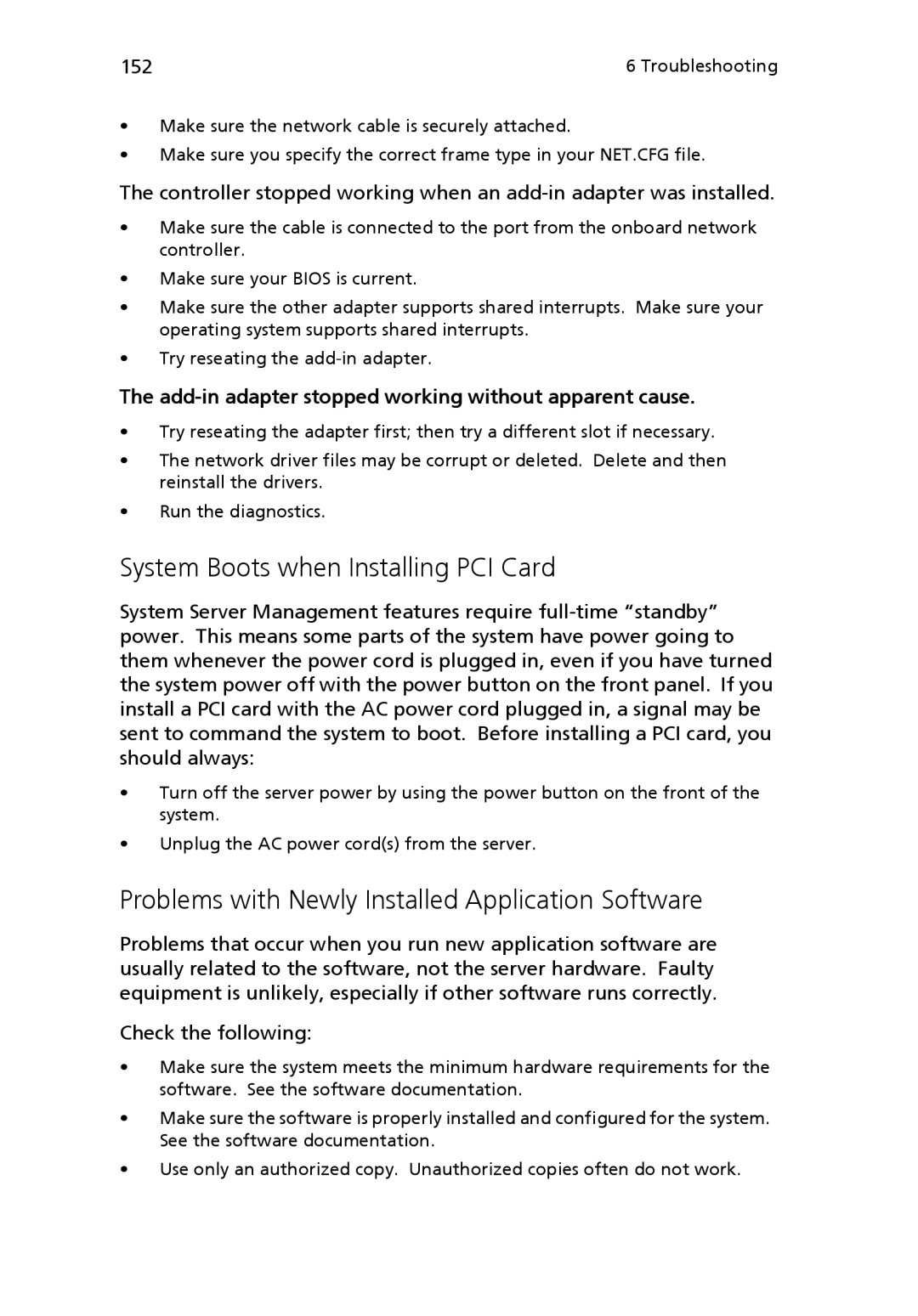 Acer Altos R710 manual System Boots when Installing PCI Card, Problems with Newly Installed Application Software 