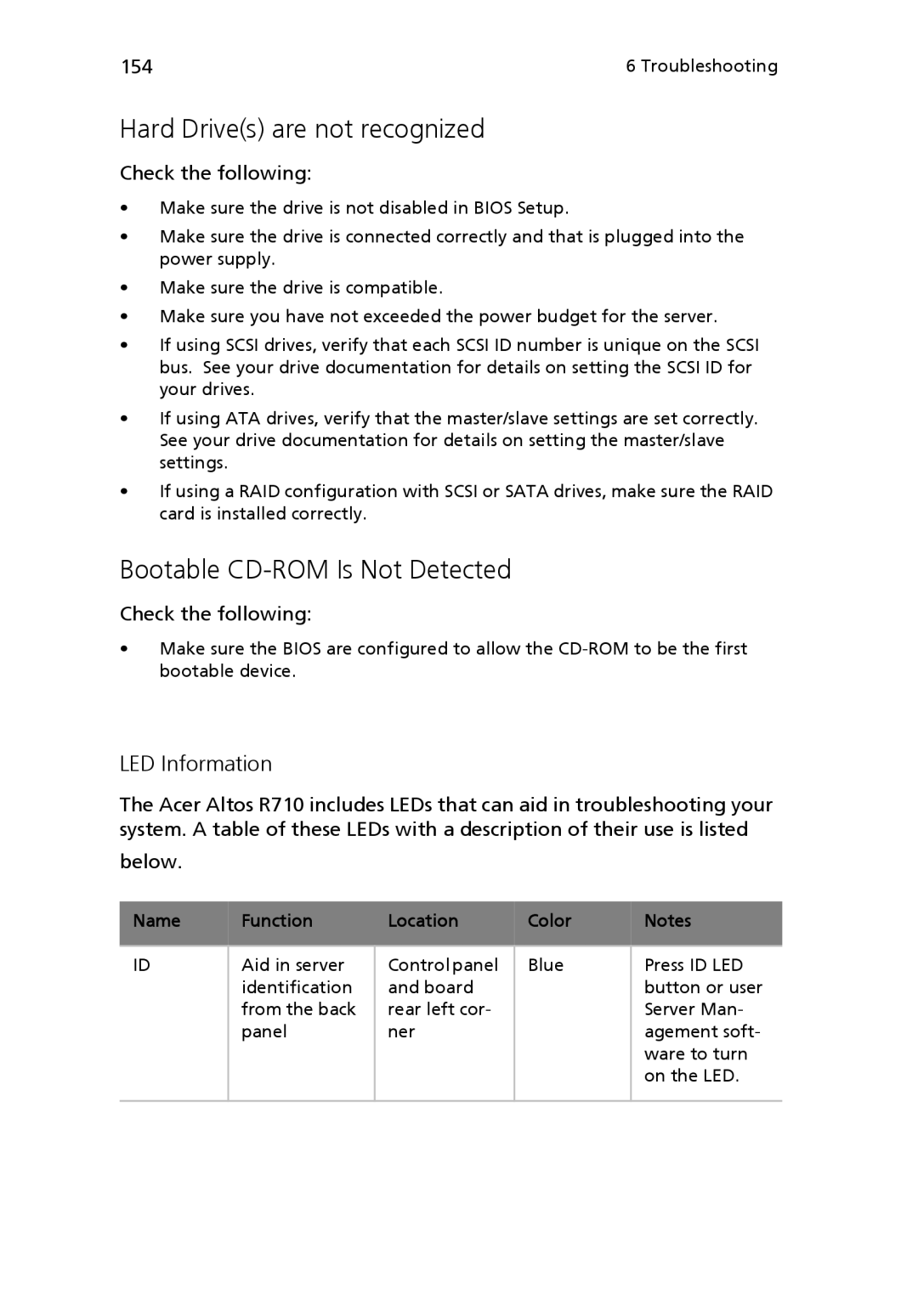 Acer Altos R710 manual Hard Drives are not recognized, Bootable CD-ROM Is Not Detected, LED Information 