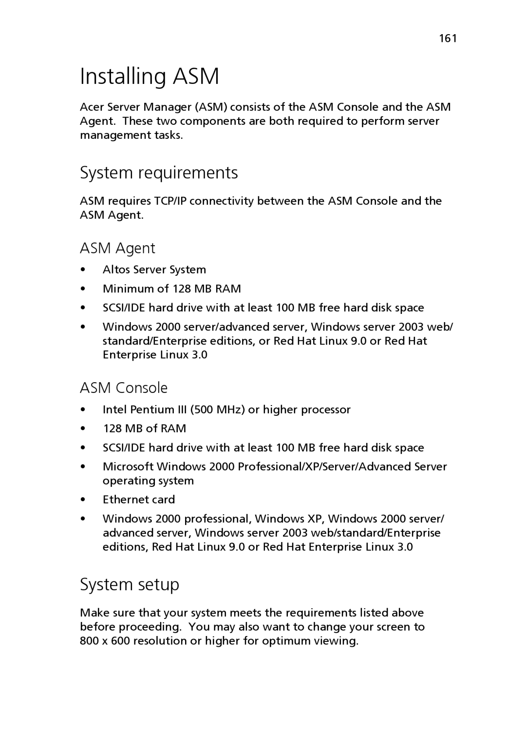 Acer Altos R710 manual Installing ASM, System requirements, System setup, ASM Agent, ASM Console 