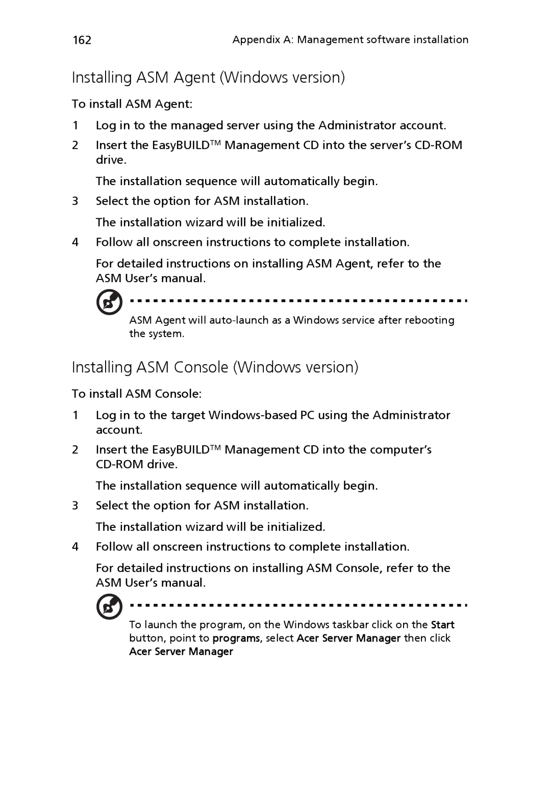 Acer Altos R710 manual Installing ASM Agent Windows version, Installing ASM Console Windows version, Acer Server Manager 