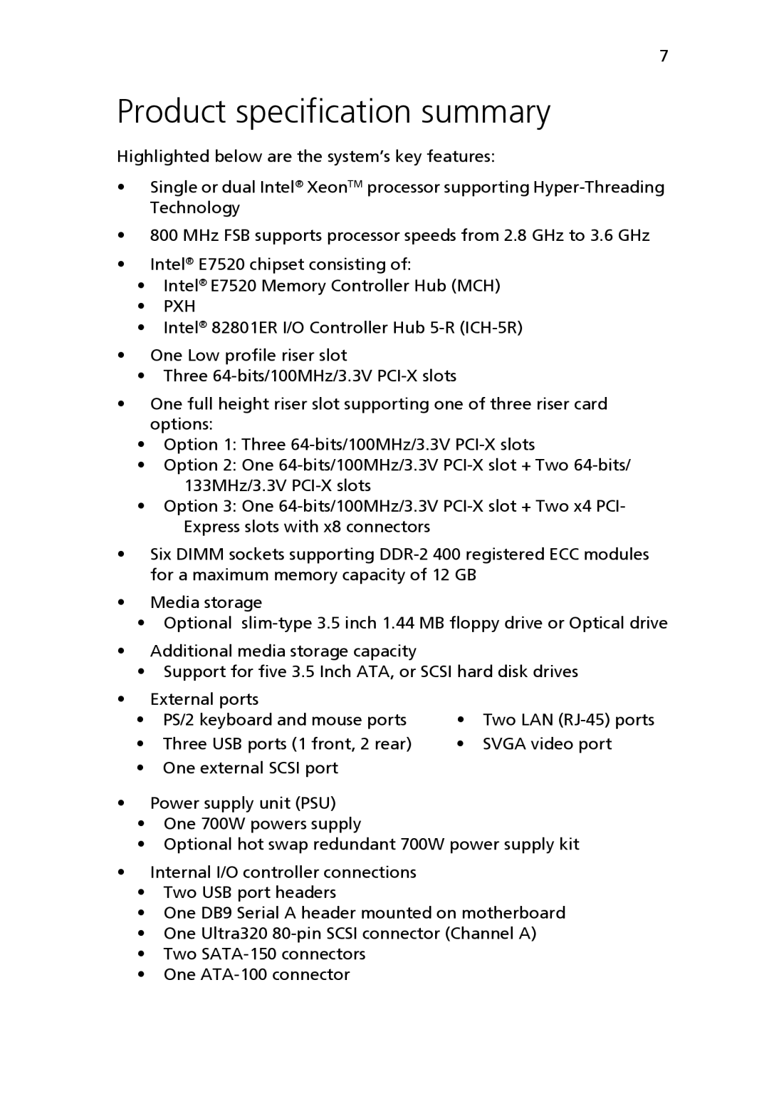 Acer Altos R710 manual Product specification summary, Pxh 