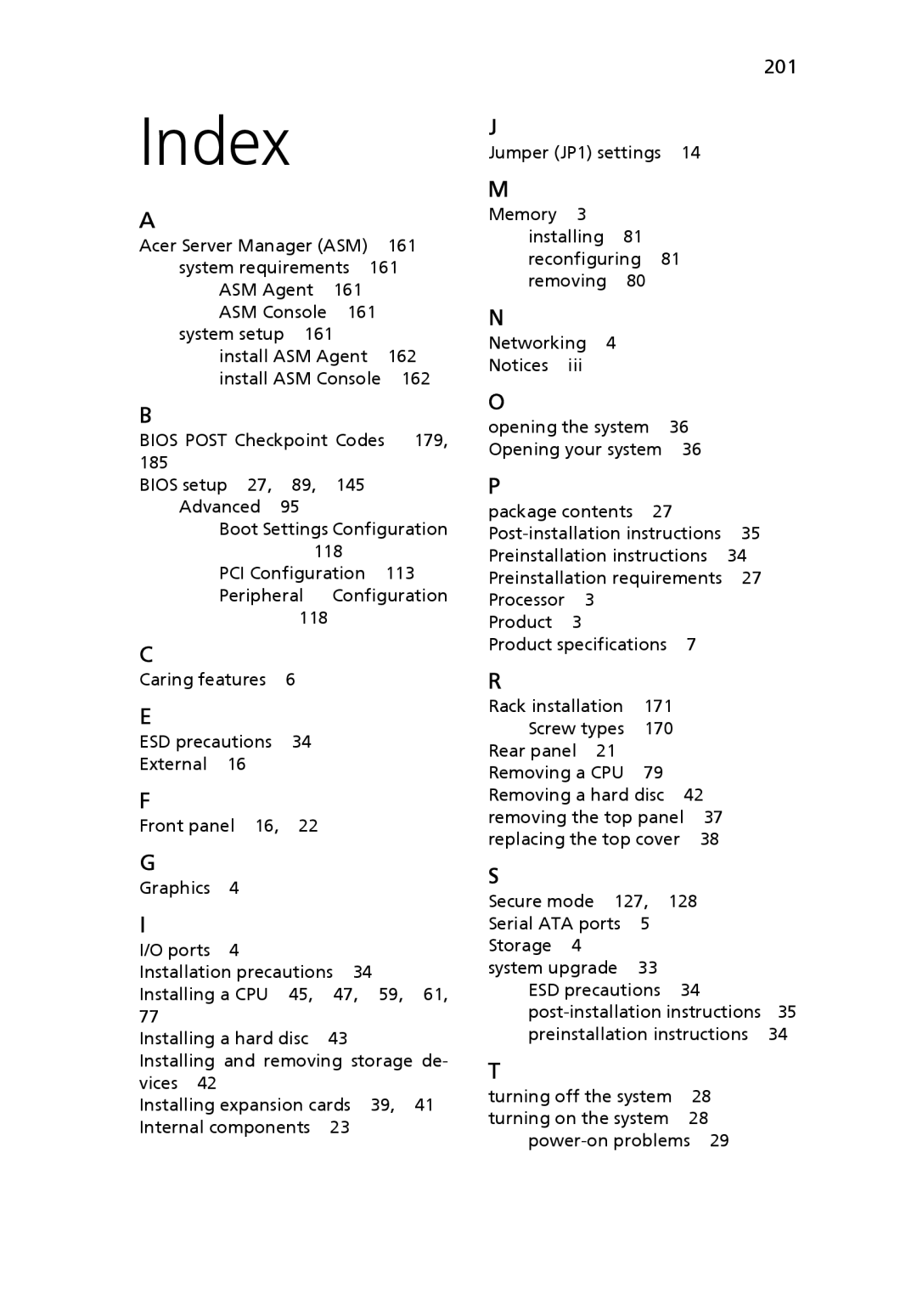 Acer Altos R710 manual Index, 201 