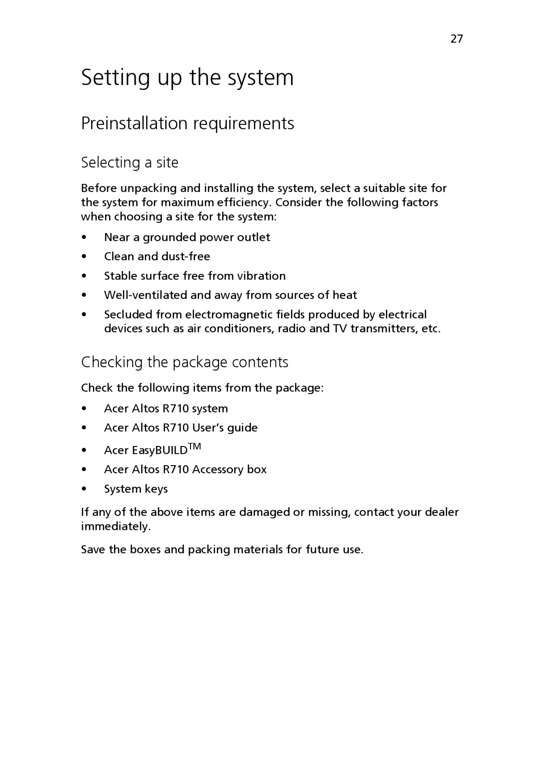 Acer Altos R710 manual Setting up the system, Preinstallation requirements, Selecting a site, Checking the package contents 