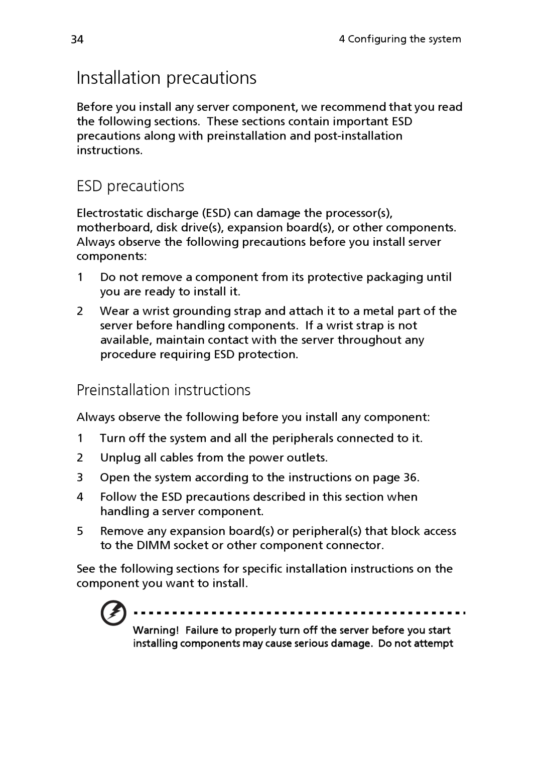 Acer Altos R710 manual Installation precautions, ESD precautions, Preinstallation instructions 