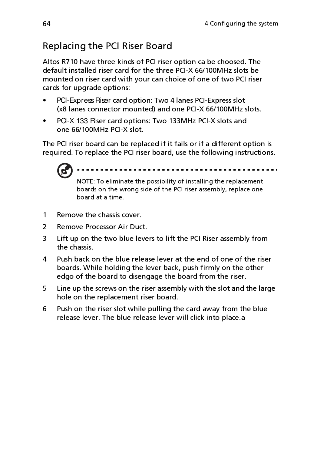 Acer Altos R710 manual Replacing the PCI Riser Board 