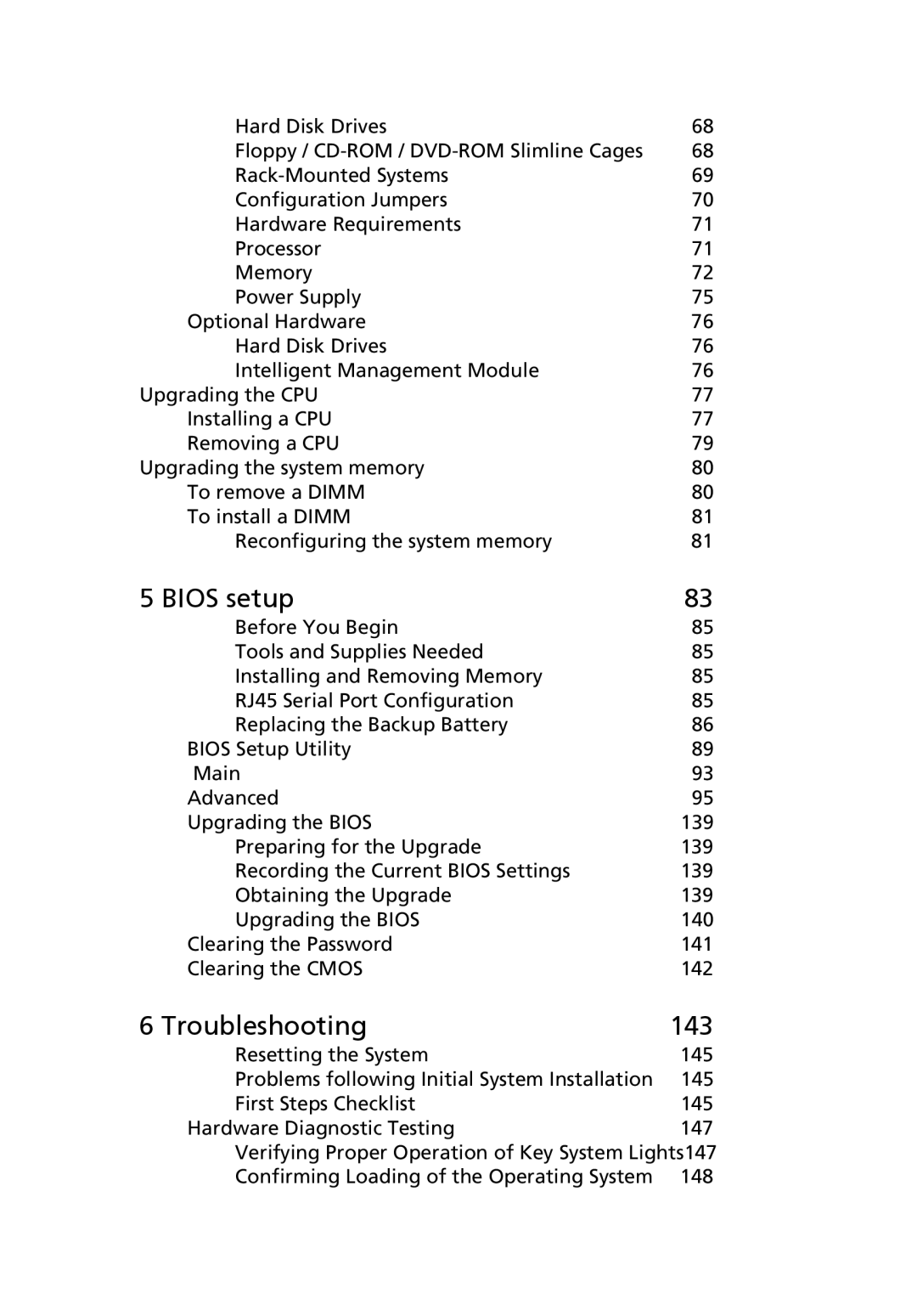 Acer Altos R710 manual Bios setup, Troubleshooting 143 