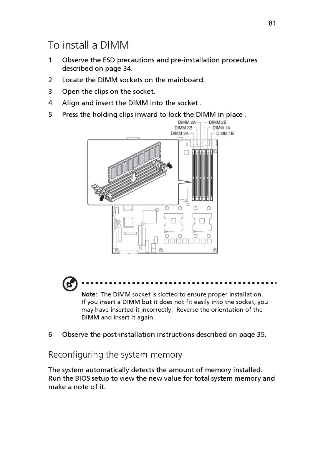 Acer Altos R710 manual To install a Dimm, Reconfiguring the system memory 