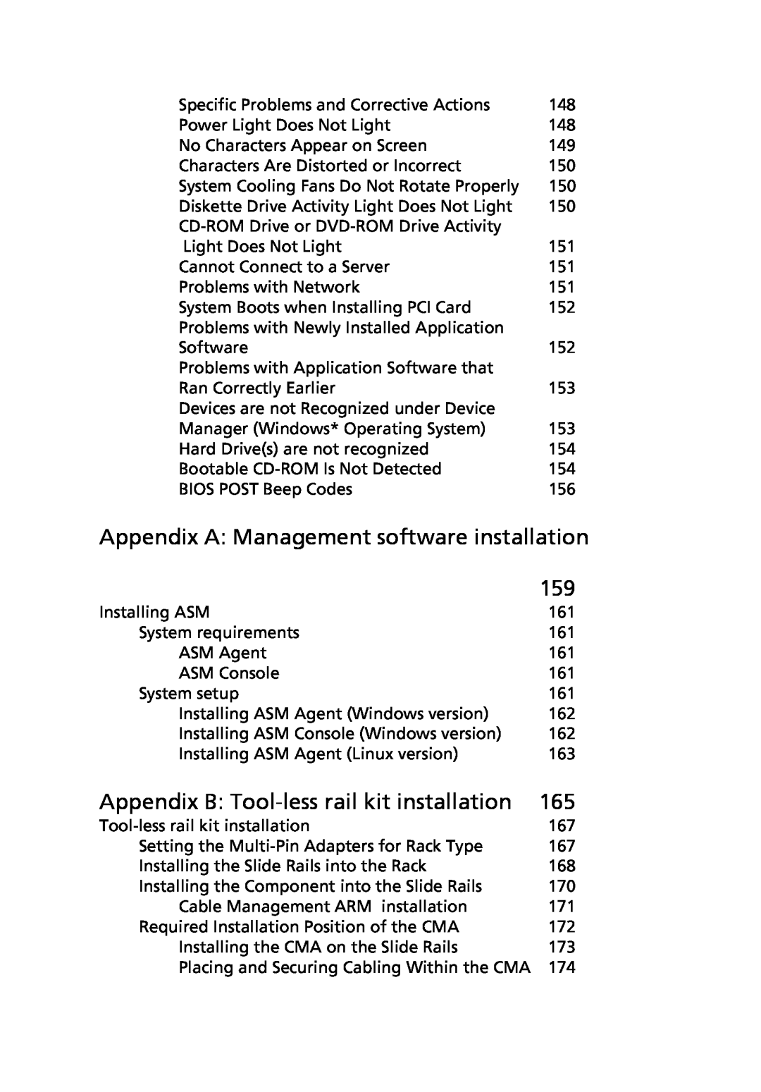Acer Altos R710 manual Appendix A Management software installation, Appendix B Tool-less rail kit installation 