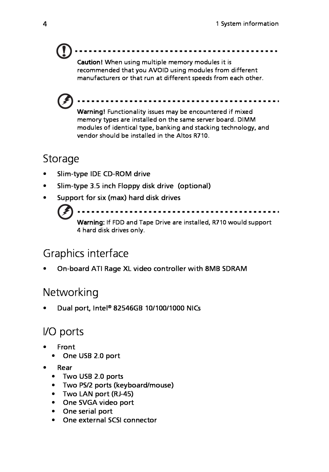 Acer Altos R710 manual Storage, Graphics interface, Networking, I/O ports 
