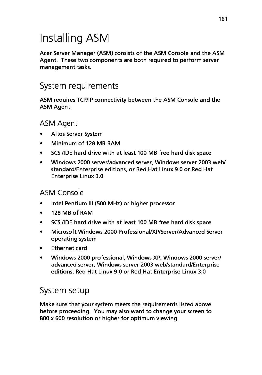 Acer Altos R710 manual Installing ASM, System requirements, System setup, ASM Agent, ASM Console 