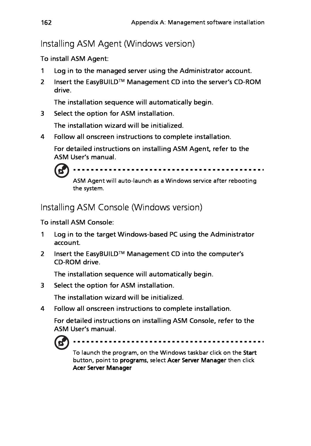 Acer Altos R710 manual Installing ASM Agent Windows version, Installing ASM Console Windows version, Acer Server Manager 