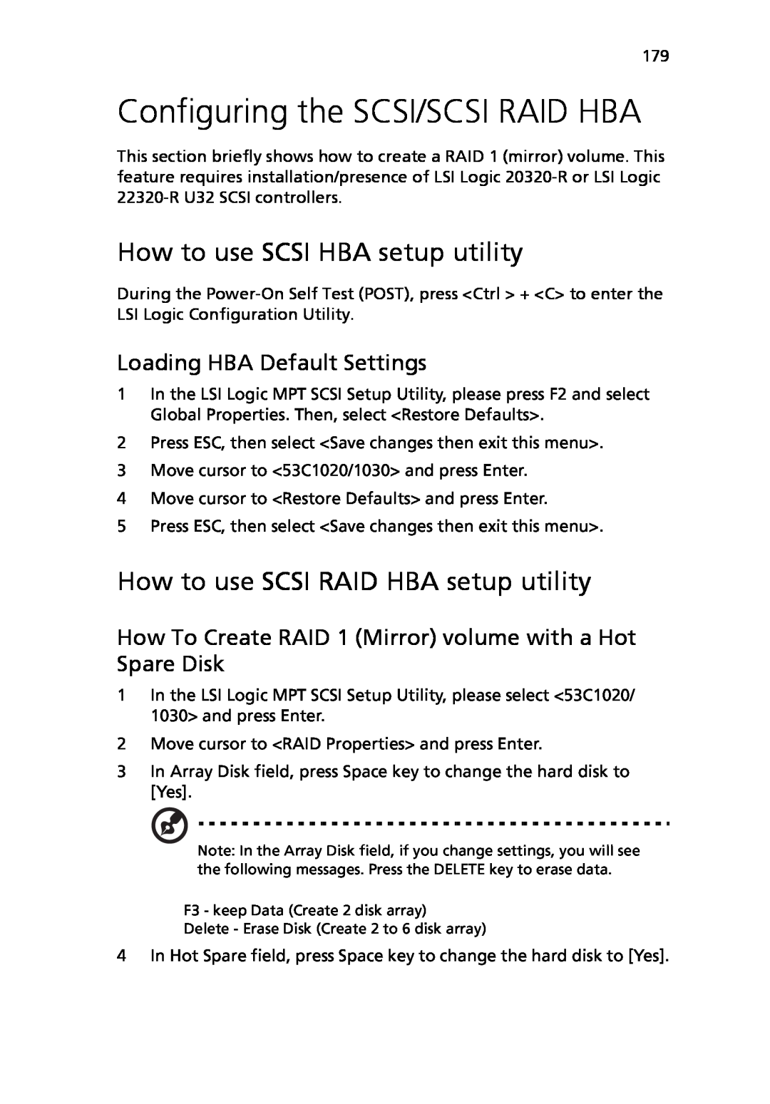 Acer Altos R710 manual Configuring the SCSI/SCSI RAID HBA, How to use SCSI HBA setup utility, Loading HBA Default Settings 