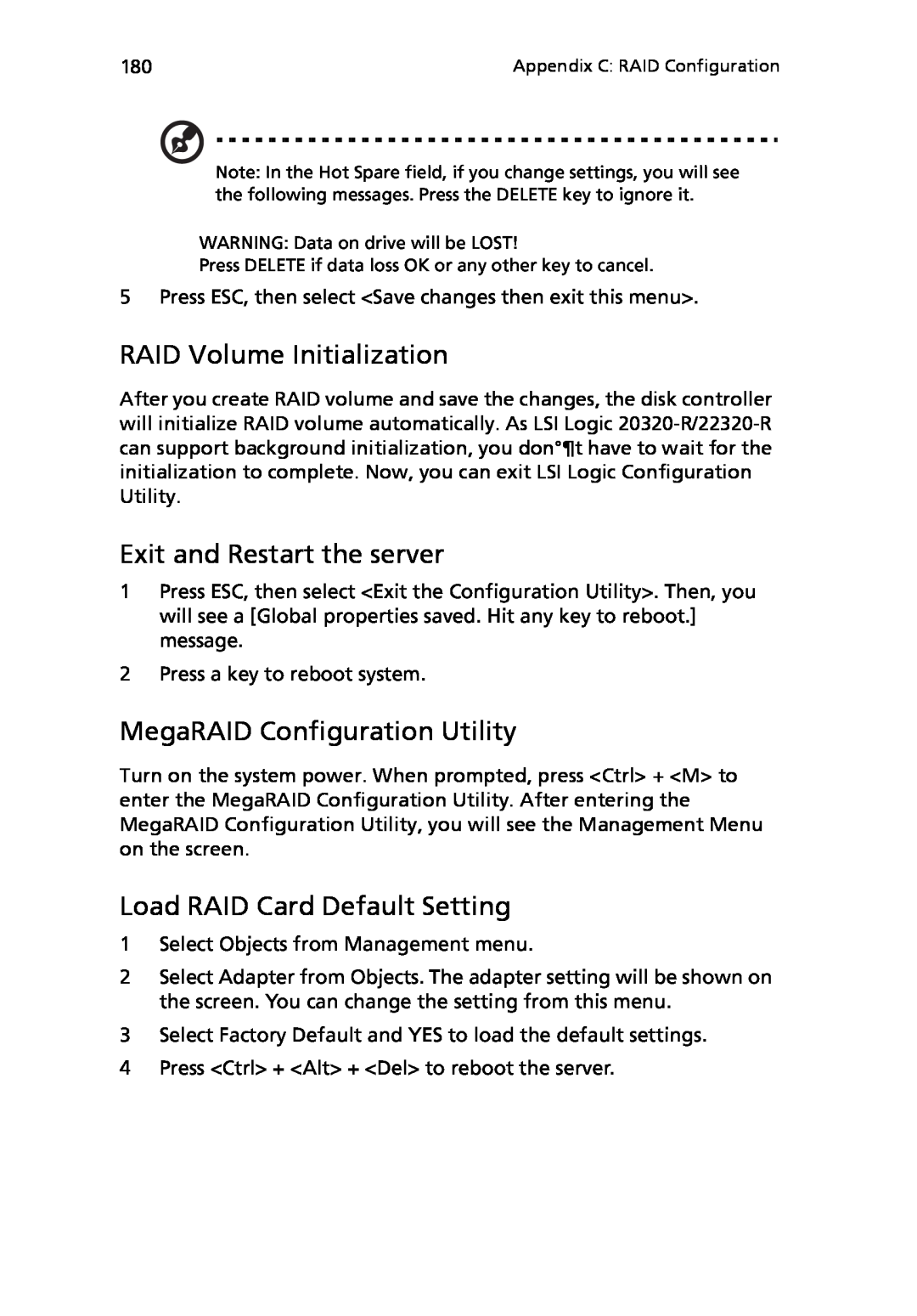 Acer Altos R710 manual RAID Volume Initialization, Exit and Restart the server, MegaRAID Configuration Utility 