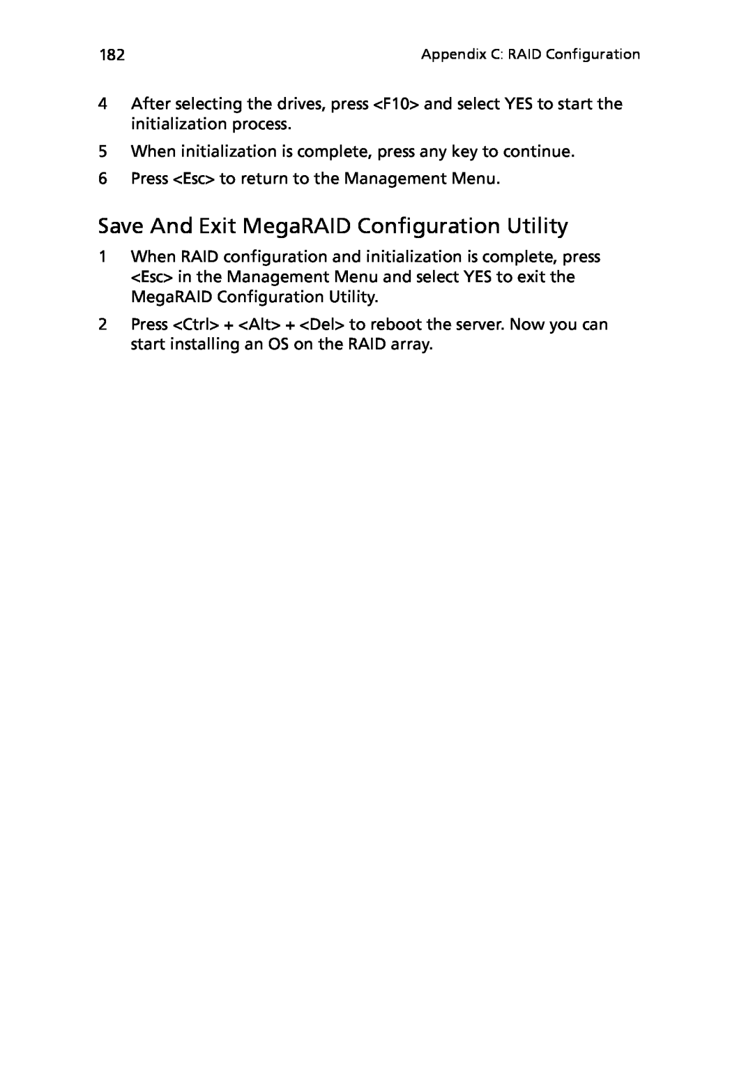 Acer Altos R710 manual Save And Exit MegaRAID Configuration Utility 