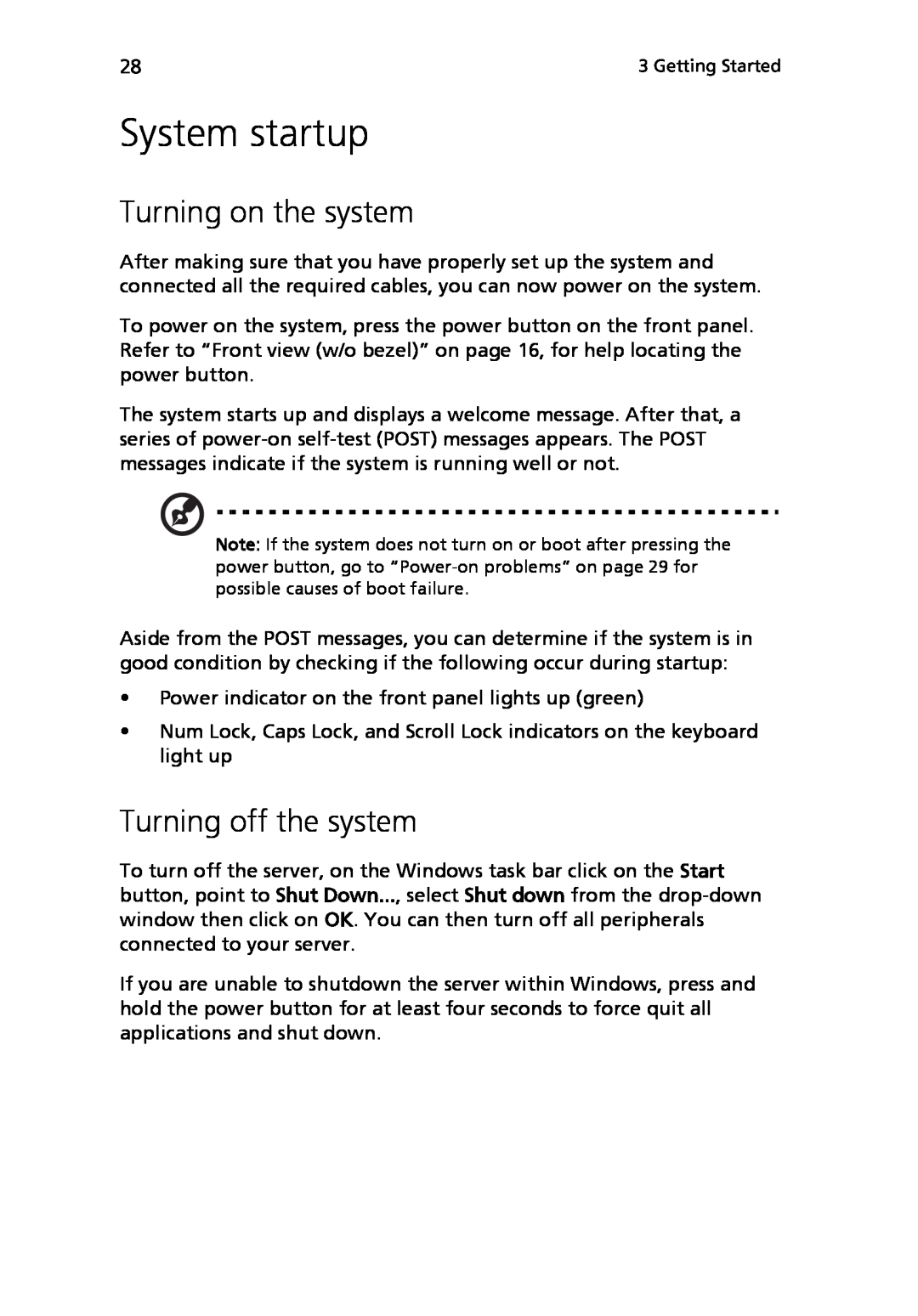 Acer Altos R710 manual System startup, Turning on the system, Turning off the system 