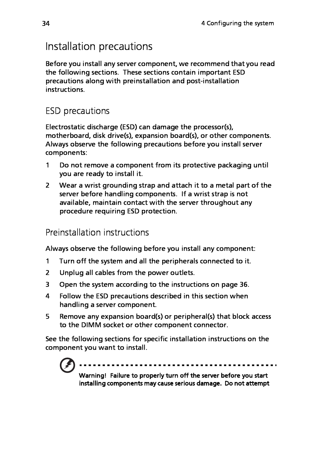 Acer Altos R710 manual Installation precautions, ESD precautions, Preinstallation instructions 