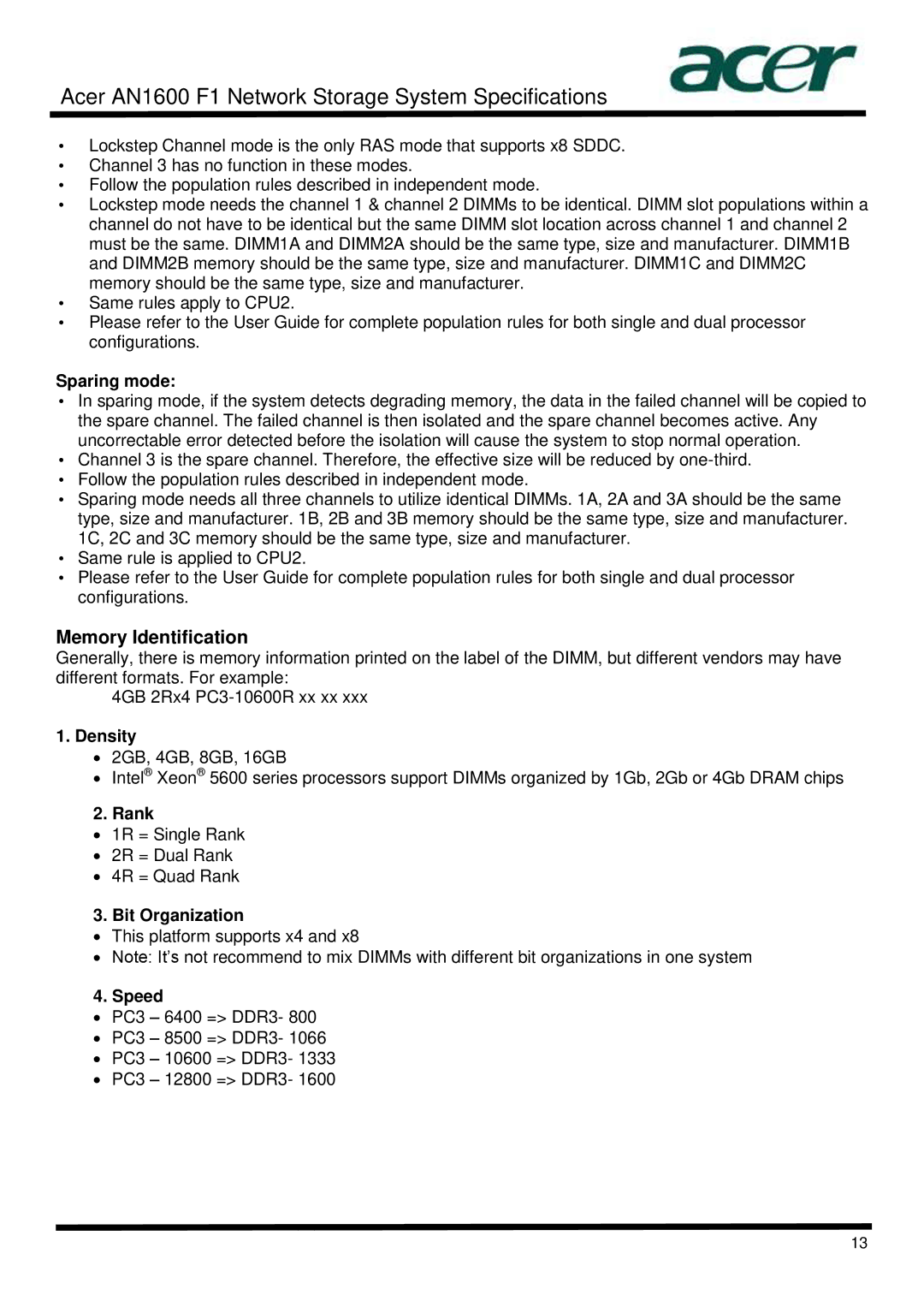 Acer AN1600 specifications Memory Identification 