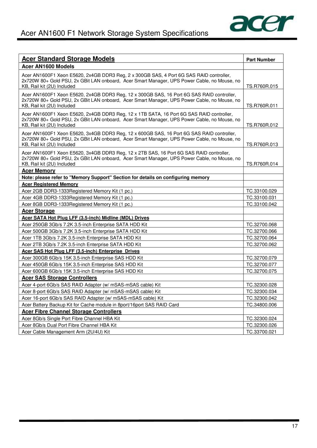 Acer specifications Acer Standard Storage Models, Acer AN1600 Models 