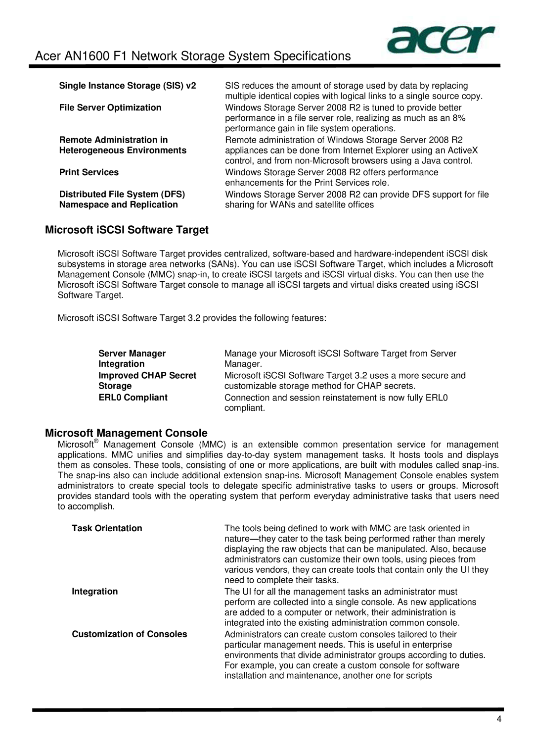 Acer AN1600 specifications Microsoft iSCSI Software Target, Microsoft Management Console 