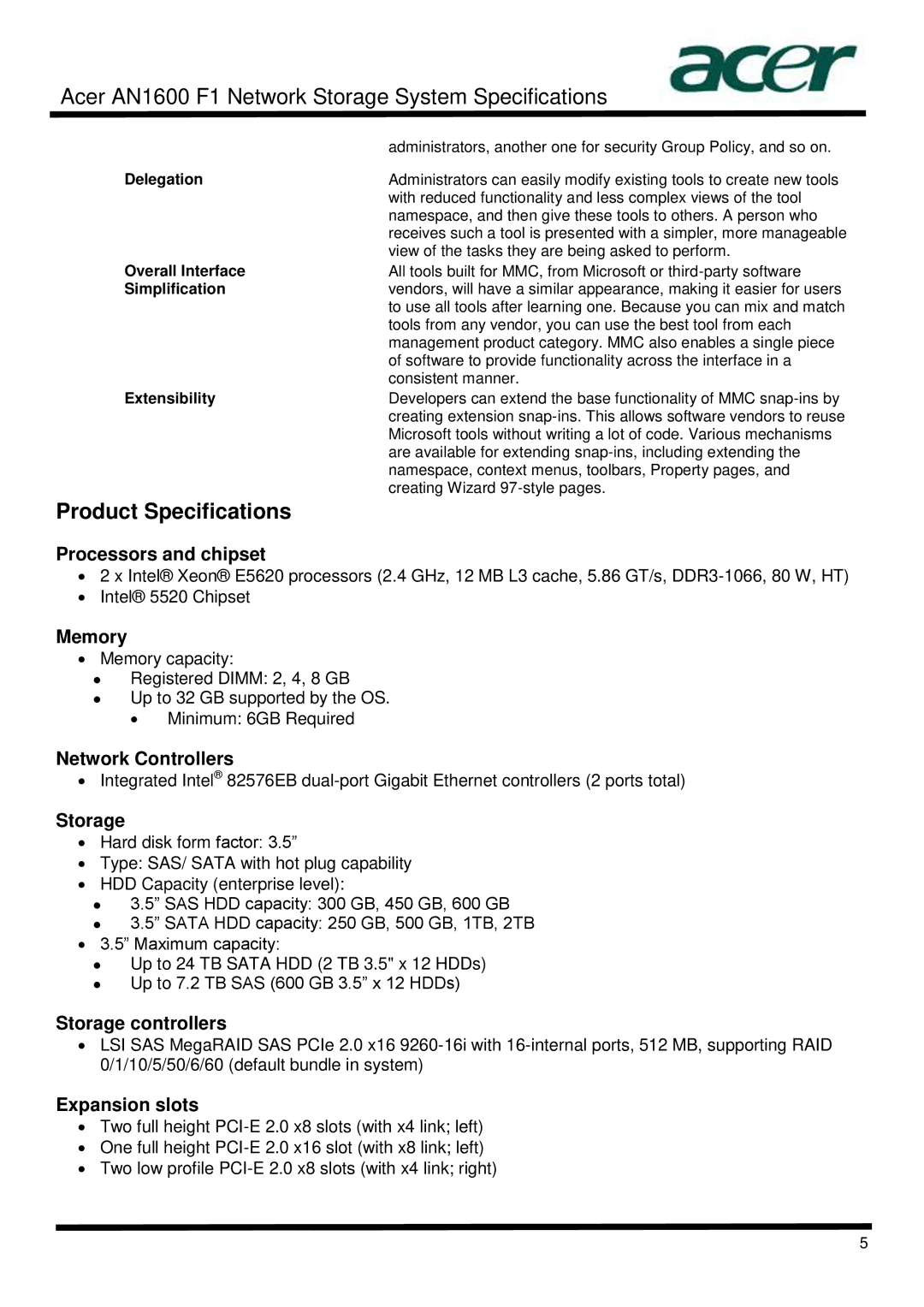 Acer AN1600 specifications Product Specifications 