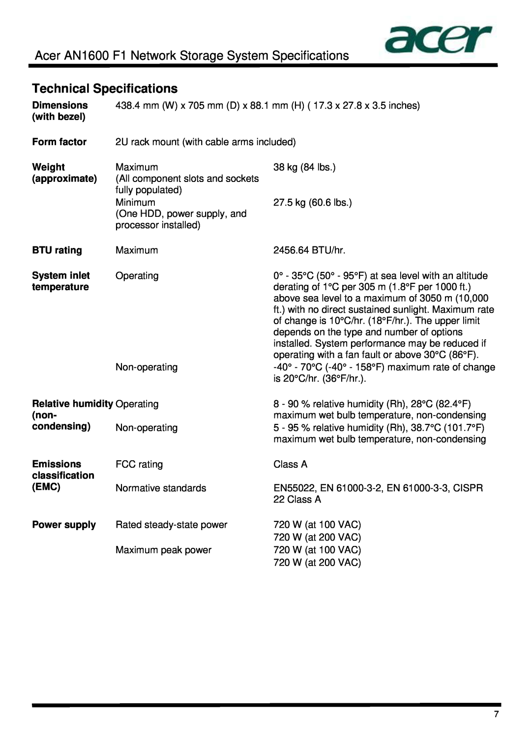 Acer Technical Specifications, Acer AN1600 F1 Network Storage System Specifications, with bezel, Form factor, Weight 