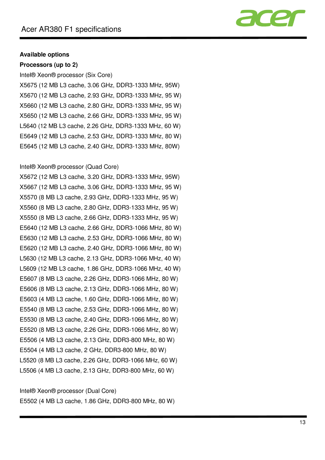 Acer AR380 F1 specifications Available options Processors up to 