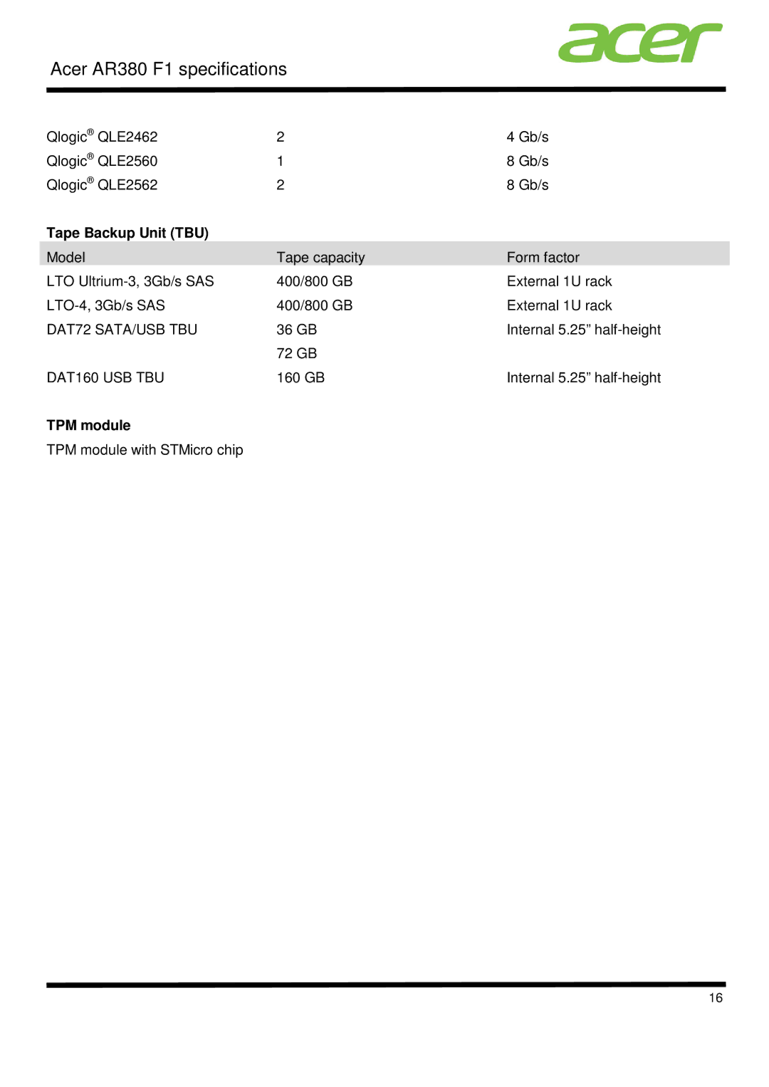 Acer AR380 F1 specifications Tape Backup Unit TBU, TPM module 