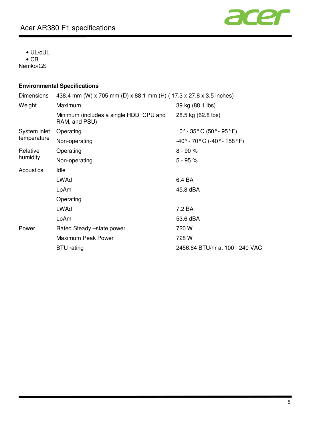 Acer AR380 F1 specifications Environmental Specifications 