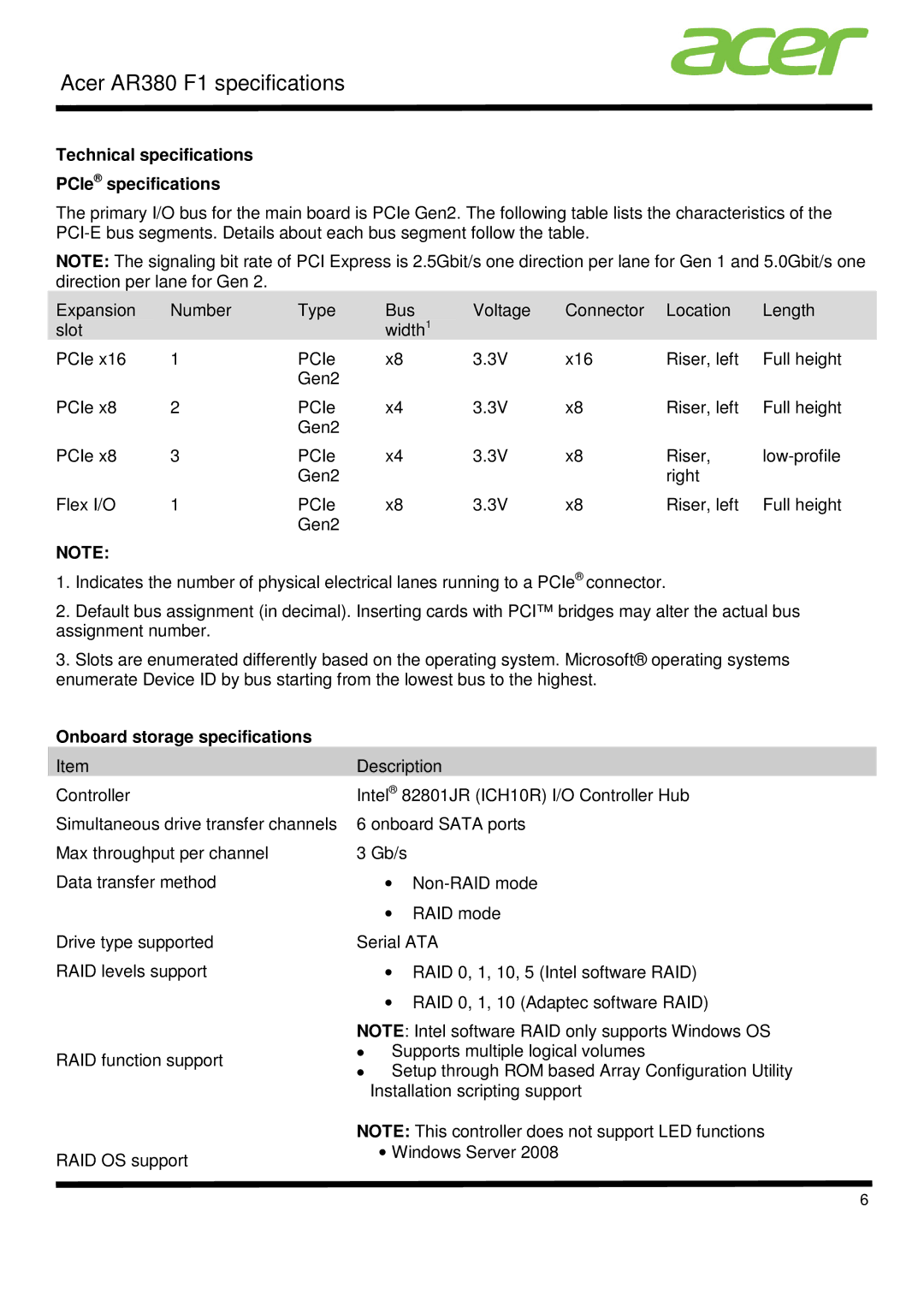 Acer AR380 F1 Technical specifications PCIe specifications, Onboard storage specifications 