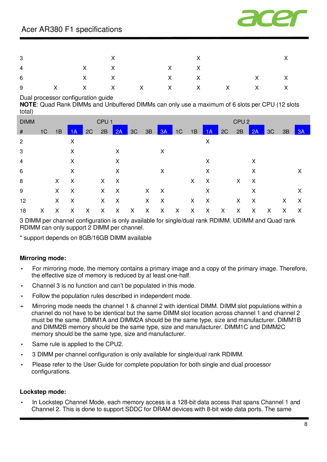 Acer AR380 F1 specifications Mirroring mode, Lockstep mode 