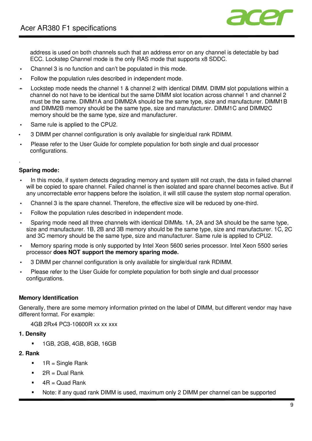 Acer AR380 F1 specifications Sparing mode, Memory Identification, Density, Rank 