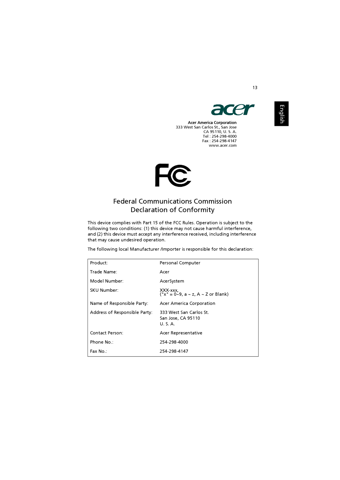 Acer X1300, AS001 manual Federal Communications Commission Declaration of Conformity 