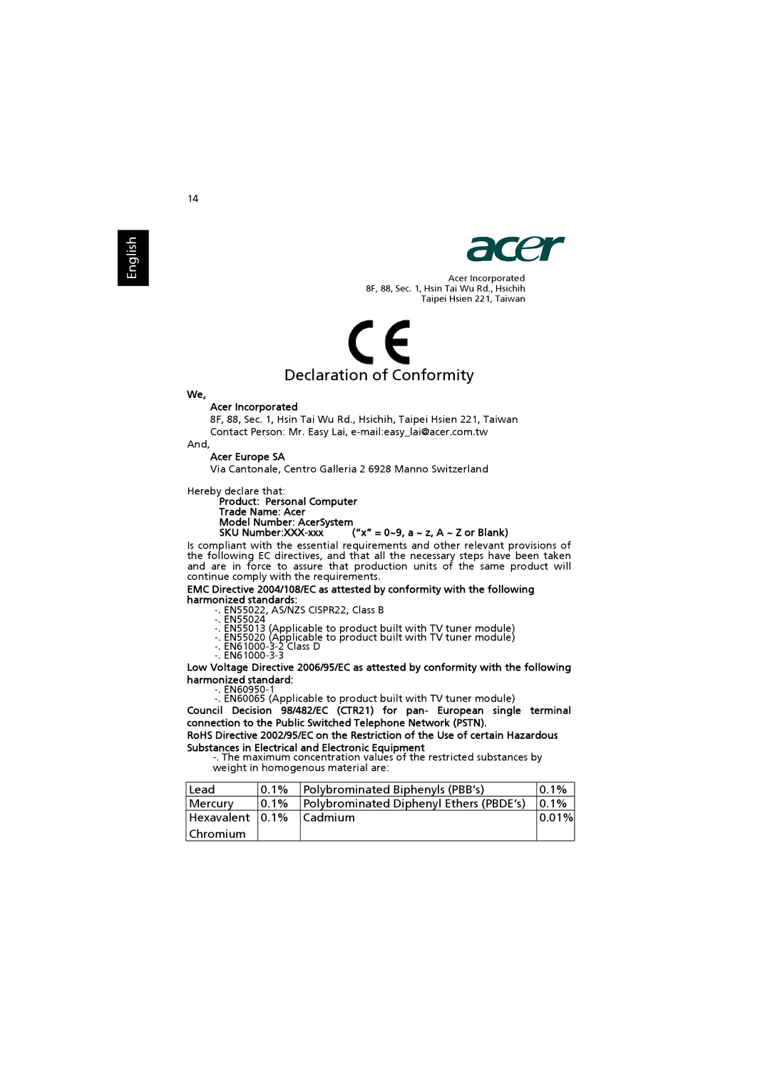 Acer AS001, X1300 manual Acer Europe SA 