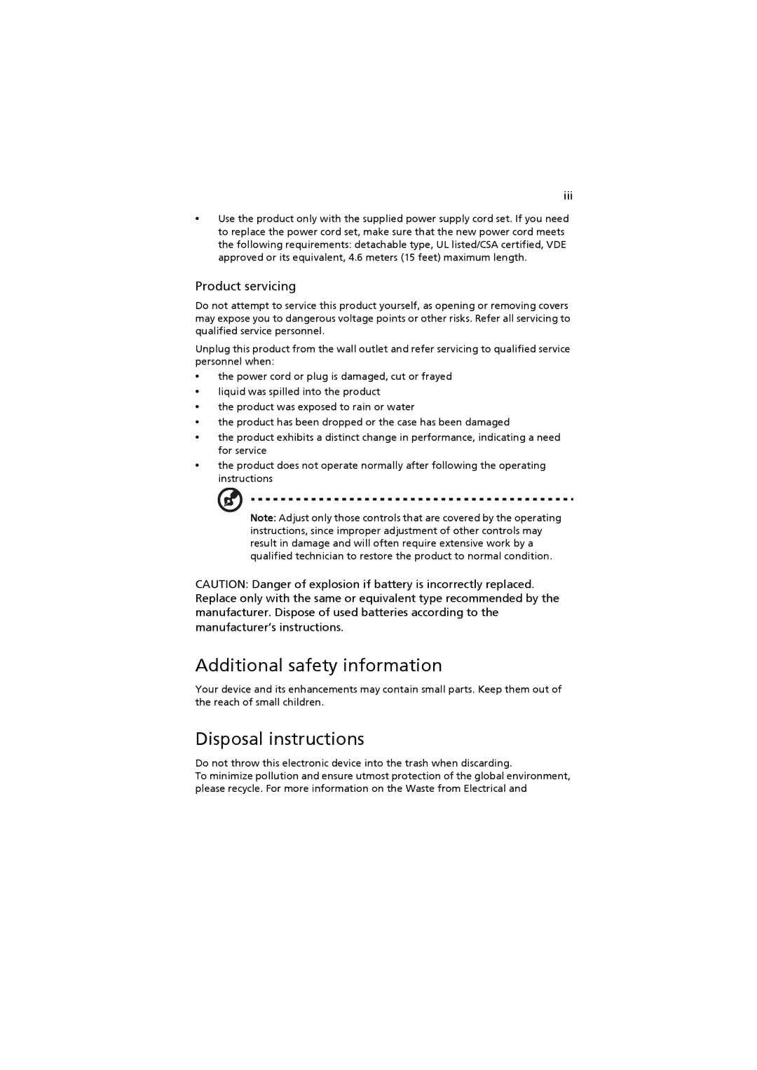 Acer X1300, AS001 manual Additional safety information, Disposal instructions, Product servicing 