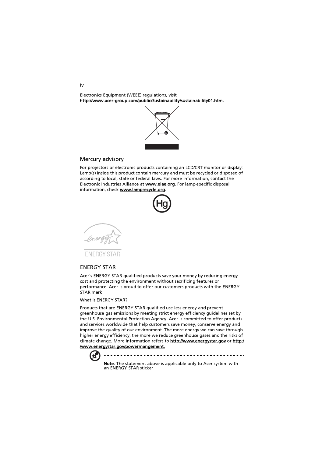 Acer AS001, X1300 manual Mercury advisory, Energy Star 