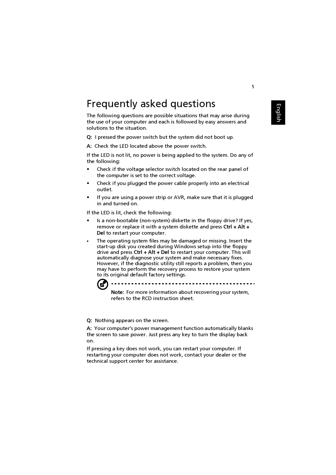 Acer X1300, AS001 manual Frequently asked questions, English 