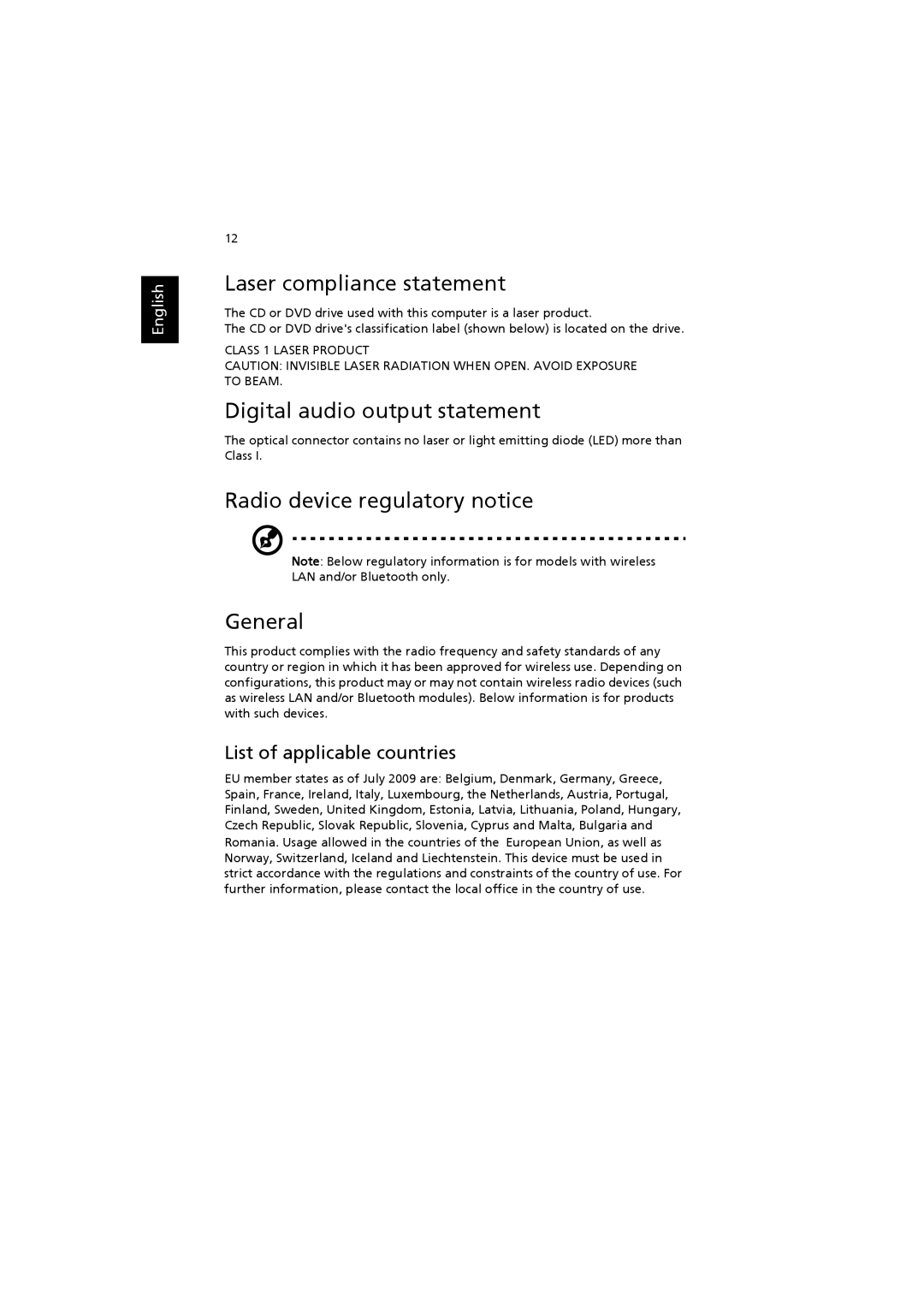 Acer AS001 Laser compliance statement, Digital audio output statement, Radio device regulatory notice, General, English 