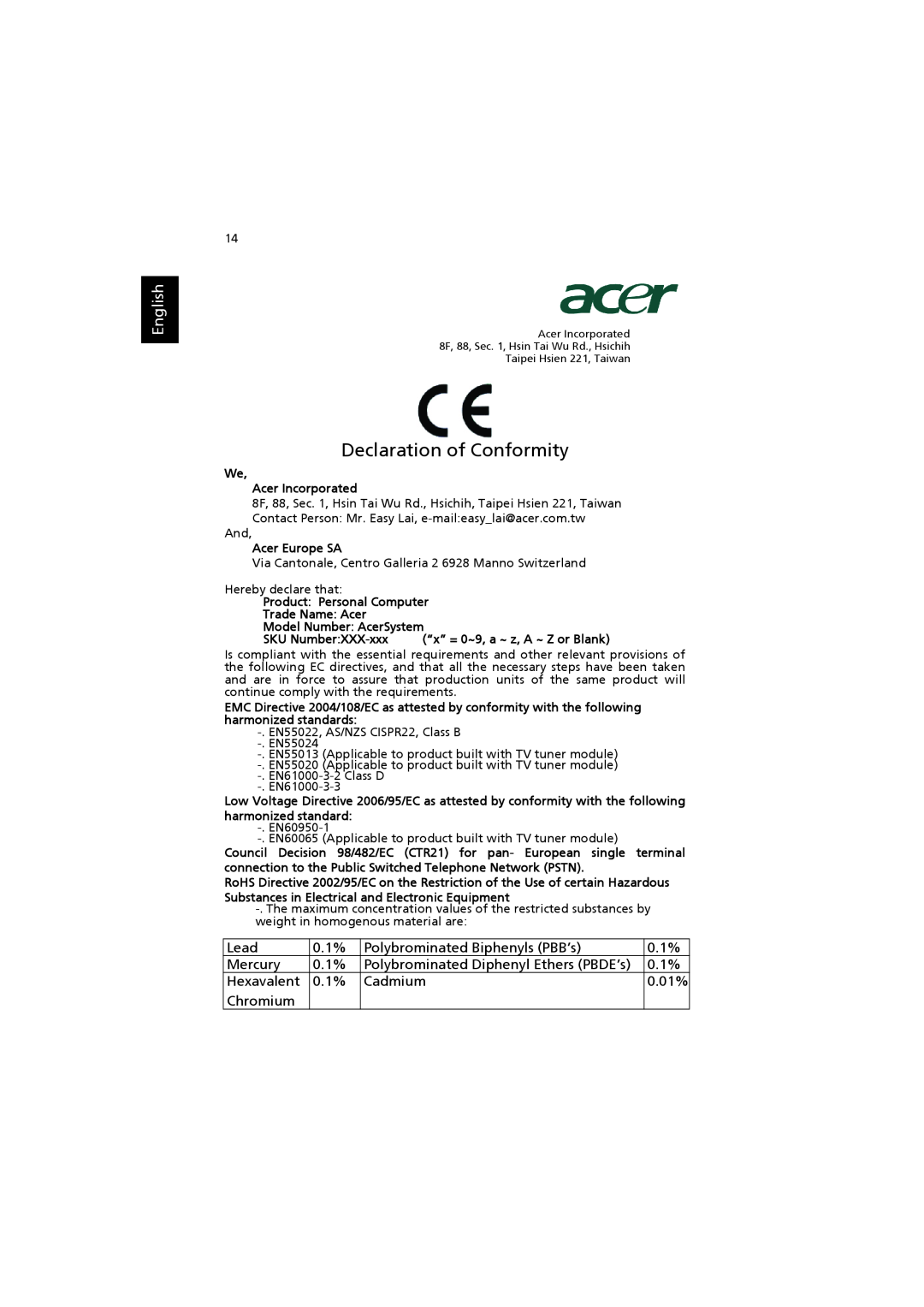 Acer AS001, X1300 manual Declaration of Conformity, English 