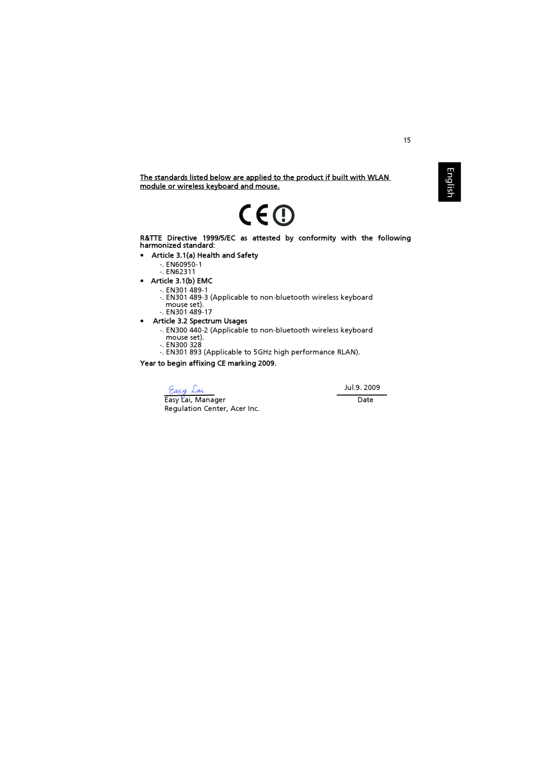 Acer X1300, AS001 manual English, Article 3.1a Health and Safety 