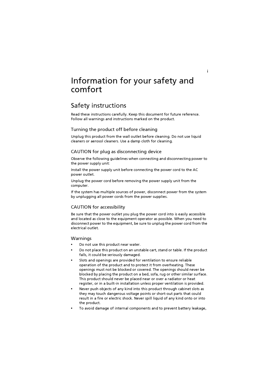 Acer X1300 Information for your safety and comfort, Safety instructions, Turning the product off before cleaning, Warnings 
