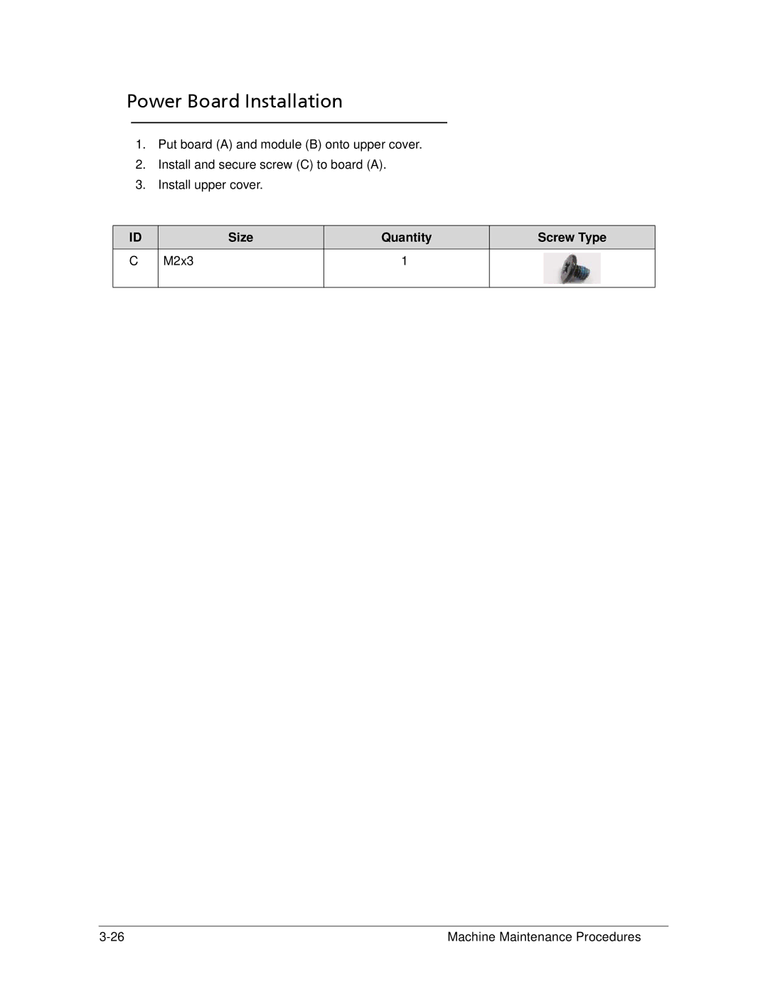 Acer AS5333 manual Power Board Installation, Size Quantity Screw Type M2x3 