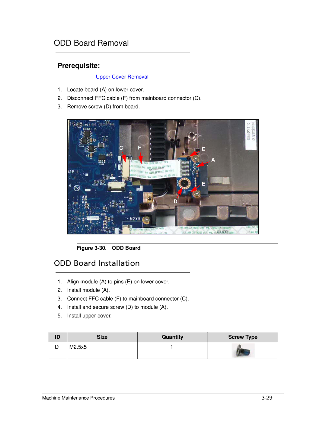 Acer AS5333 manual ODD Board Removal, ODD Board Installation, Size Quantity Screw Type M2.5x5 