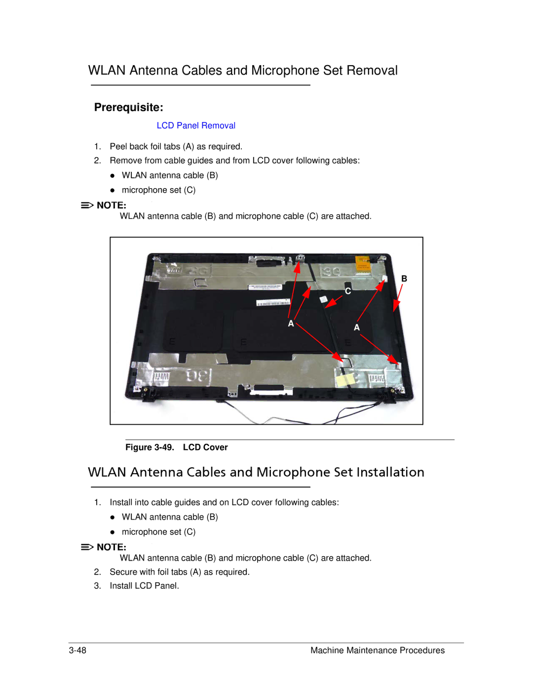 Acer AS5333 manual Wlan Antenna Cables and Microphone Set Removal, Wlan Antenna Cables and Microphone Set Installation 